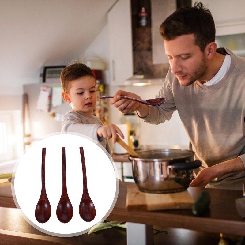 Wooden Soup Spoons Set of 3 Long Handle 20cm Natural Wood for Stirring Cooking Serving - Image 4