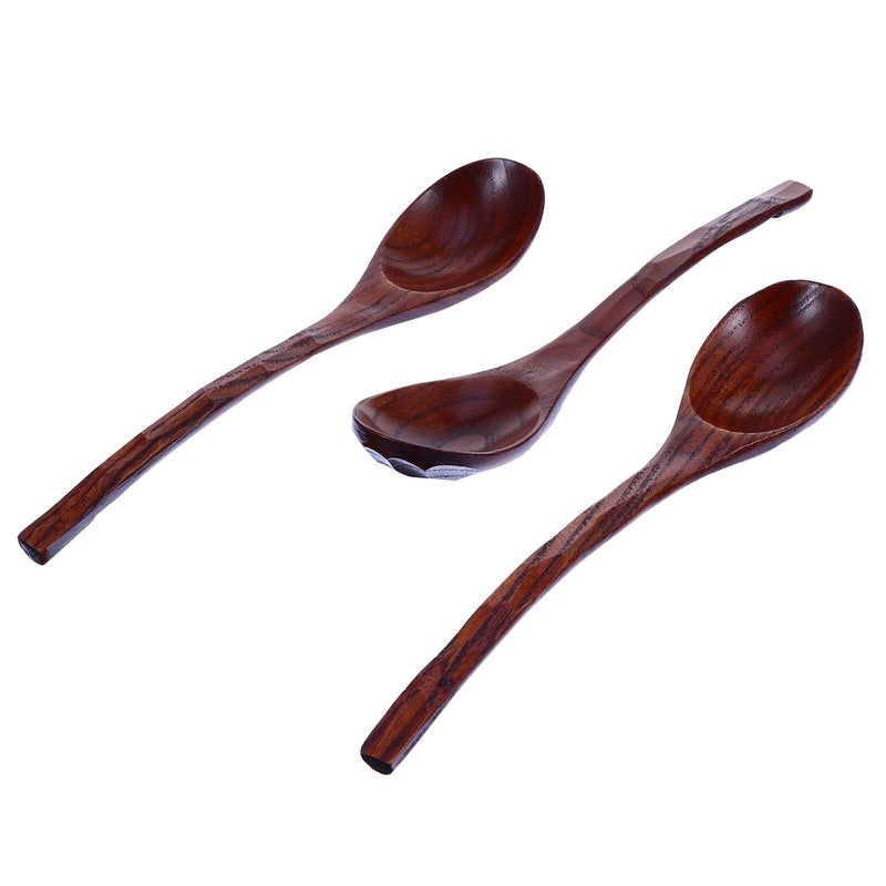 Wooden Soup Spoons Set of 3 Long Handle 20cm Natural Wood for Stirring Cooking Serving - Image 2