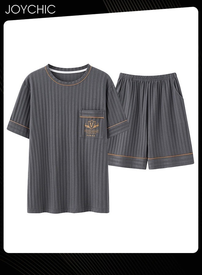 NIBEMINENT Mens Leisure Bedroom Sleepwear Summer Short Sleeved Pants Knitted Cotton Pajamas Set Youth Comfty Breathable Pullover Home Wear Grey - Image 1