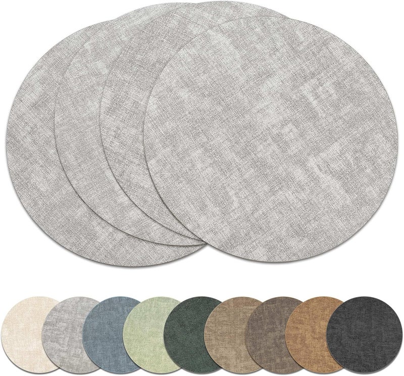 NCUE 13" Round Placemats Set of 4, Reversible Faux Leather Heat Resistant Table Mats, Waterproof Oilproof Wipeable Table Protective Placemats for Vinyl, Washable for Indoor & Outdoor Use (4, Light Grey) - Image 1