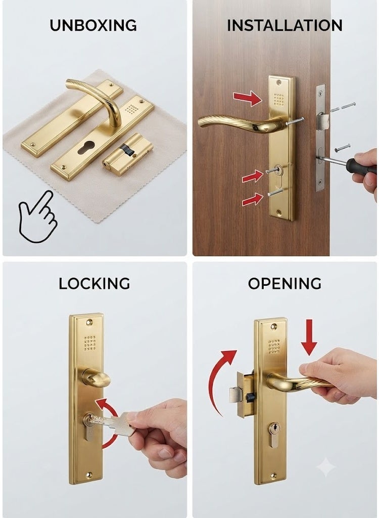 Robustline Lever Door Handle Lockset, Complete Set with Handle and Lockbody with 3 keys. (Gold + Silver) - Image 2