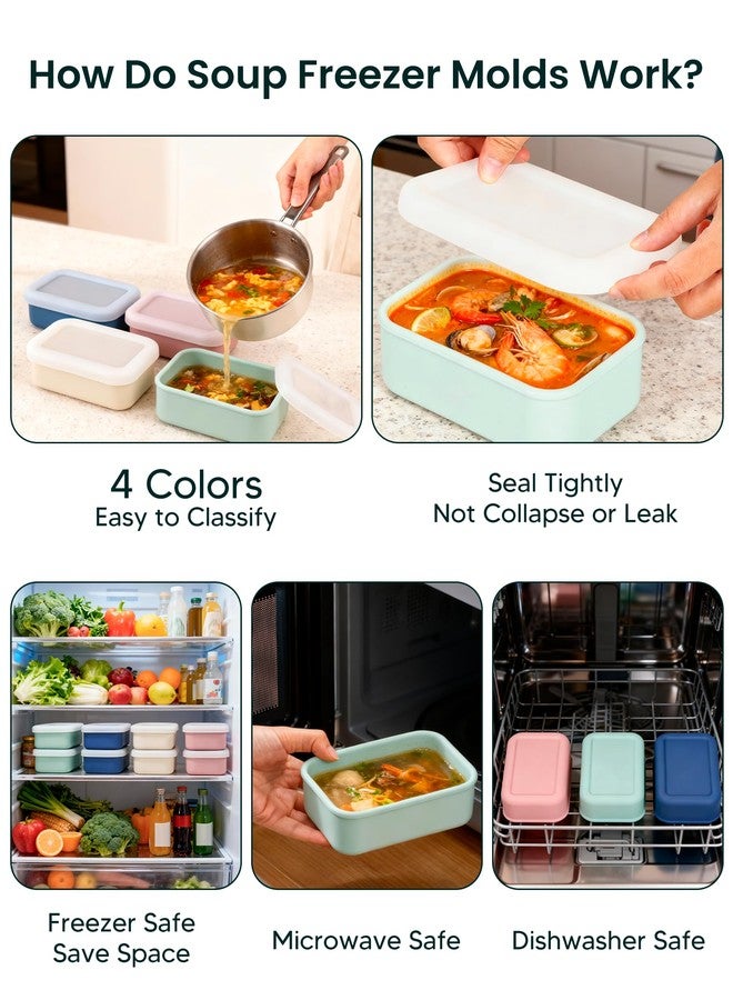 Duseu 8 PCS 2 Cup Silicone Freezer Molds with Lid, Meal Prep Freezer Molds Silicone Freezer Containers Reusable Food Preserving Tray Freezing Ice Trays for Soups Sauces Stews - Image 3
