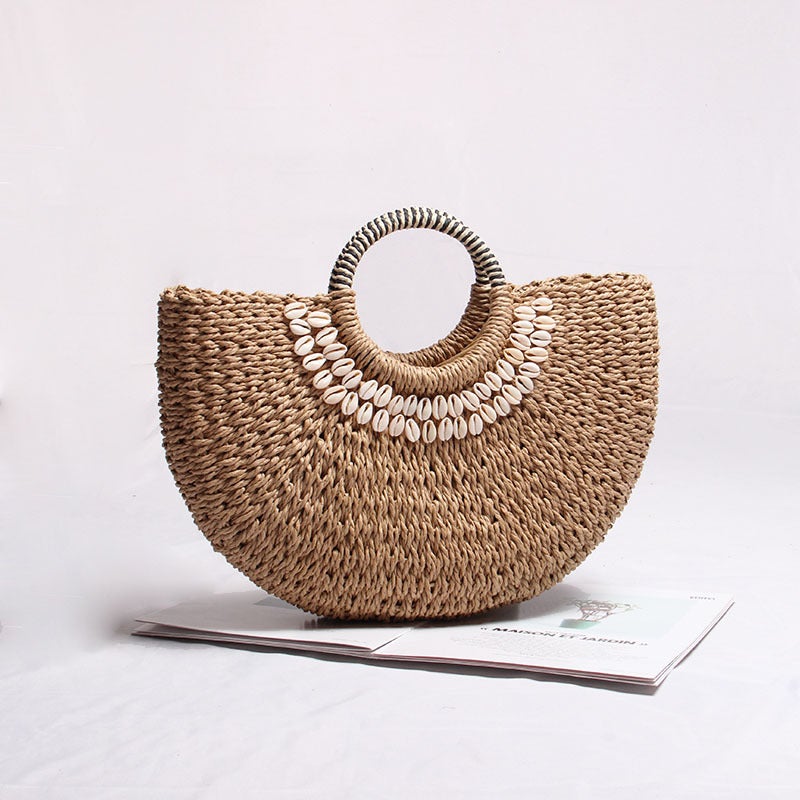 New All-Match Straw Woven Bag Semi-Round Rattan Woven Bag Portable Mori Girl Instagram Holiday Beach Bag - Image 3