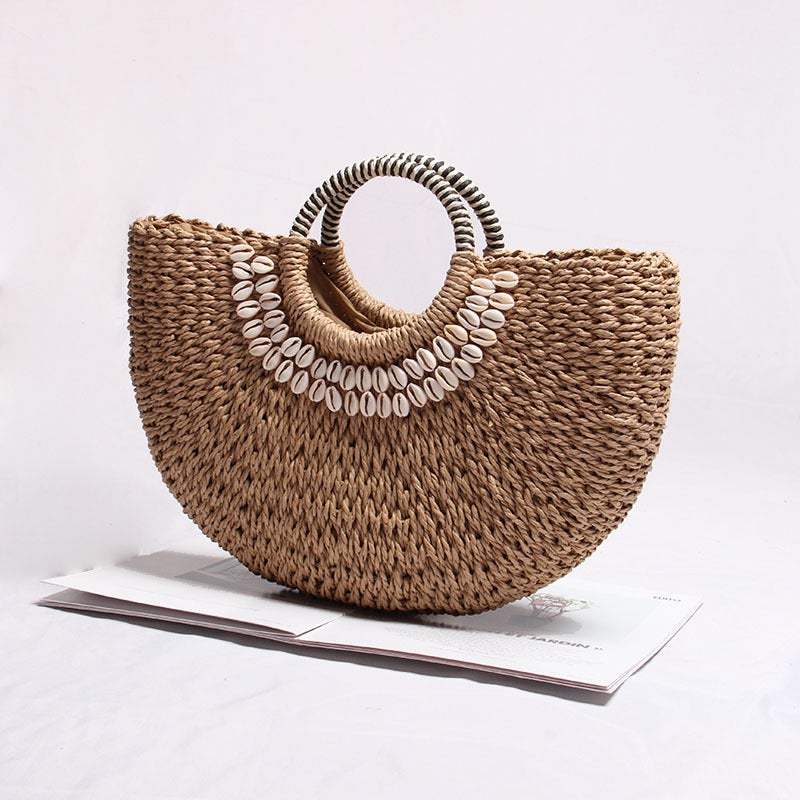 New All-Match Straw Woven Bag Semi-Round Rattan Woven Bag Portable Mori Girl Instagram Holiday Beach Bag - Image 4