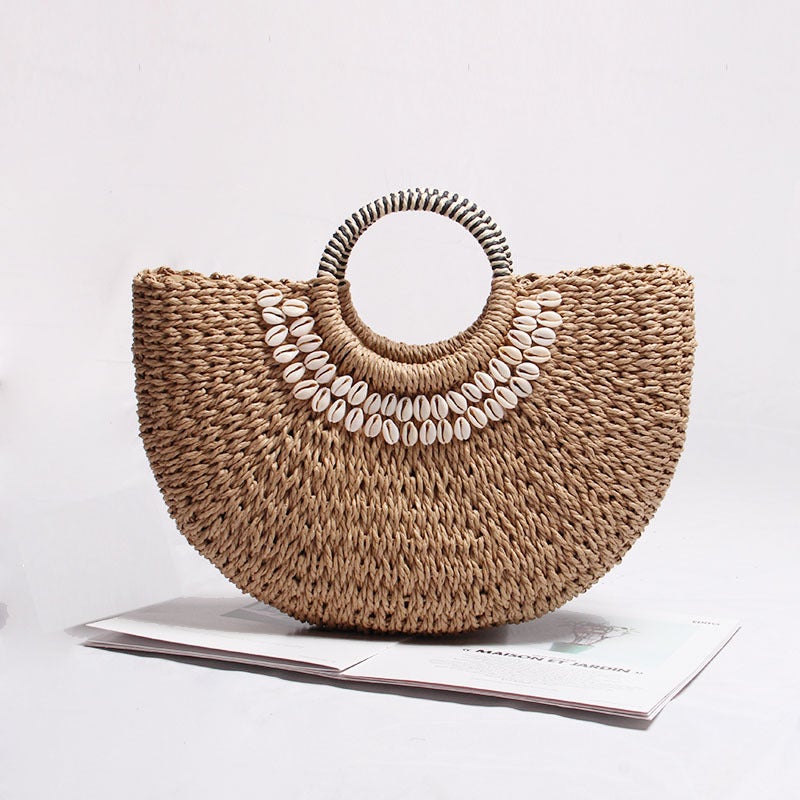 New All-Match Straw Woven Bag Semi-Round Rattan Woven Bag Portable Mori Girl Instagram Holiday Beach Bag - Image 2