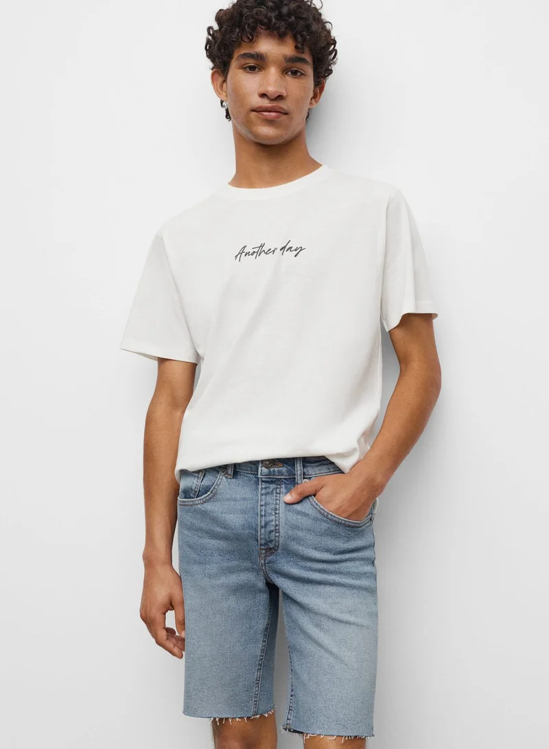 MANGO Mid Wash Frayed Hem Denim Shorts