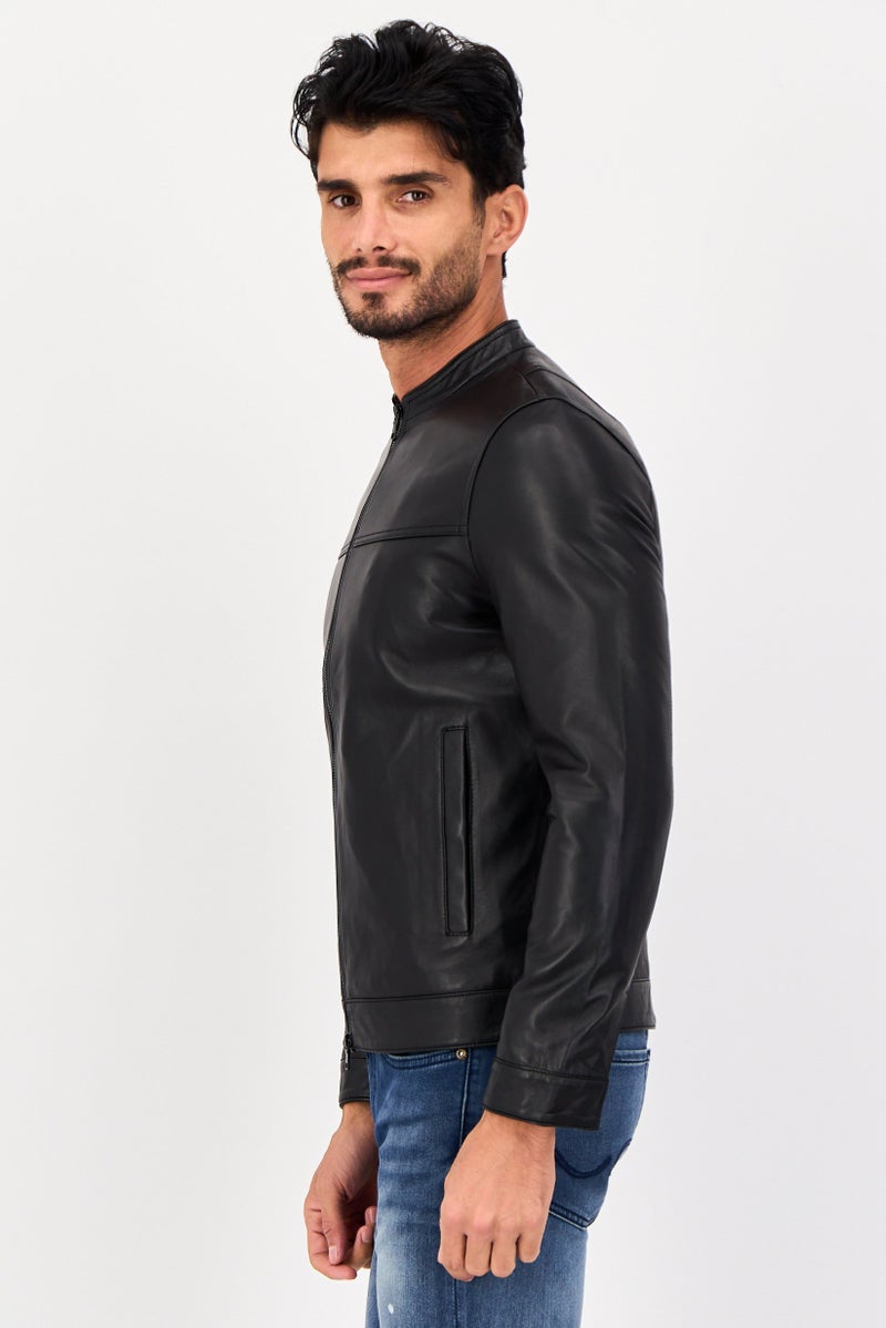 SELECTED Men Solid Long Sleeve Leather Jacket Shirt, Black - Image 2