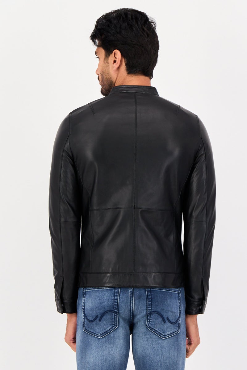 SELECTED Men Solid Long Sleeve Leather Jacket Shirt, Black - Image 3