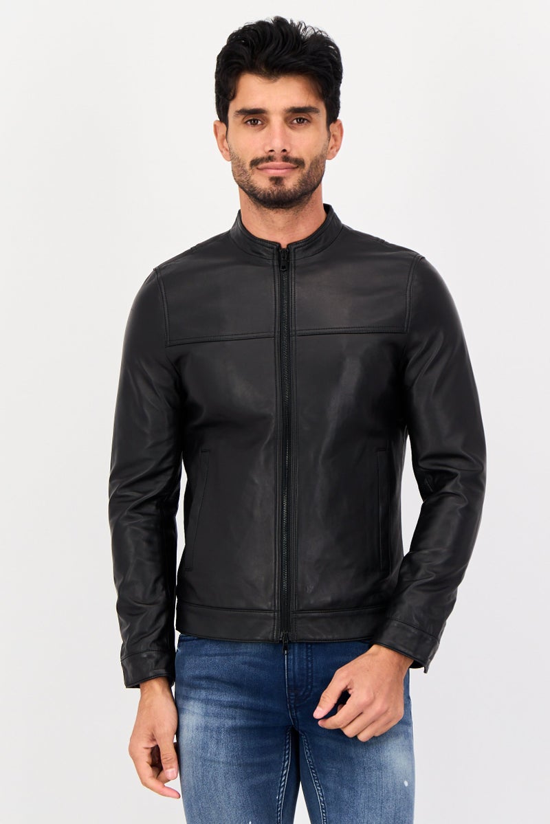 SELECTED Men Solid Long Sleeve Leather Jacket Shirt, Black - Image 1