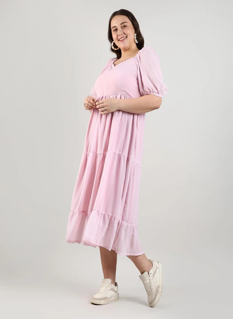 Instafab Plus Women's Baby Pink Textured Striped Midi Dress For Casual Wear | Sweetheart Heart | Short Sleeve | Pull On Closure | Plus-Size Dress Crafted With Comfort With For Everyday Wear
