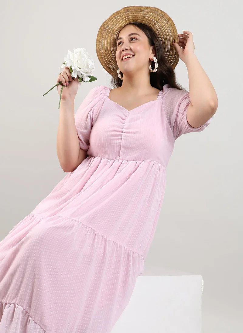 Instafab Plus Women's Baby Pink Textured Striped Midi Dress For Casual Wear | Sweetheart Heart | Short Sleeve | Pull On Closure | Plus-Size Dress Crafted With Comfort With For Everyday Wear