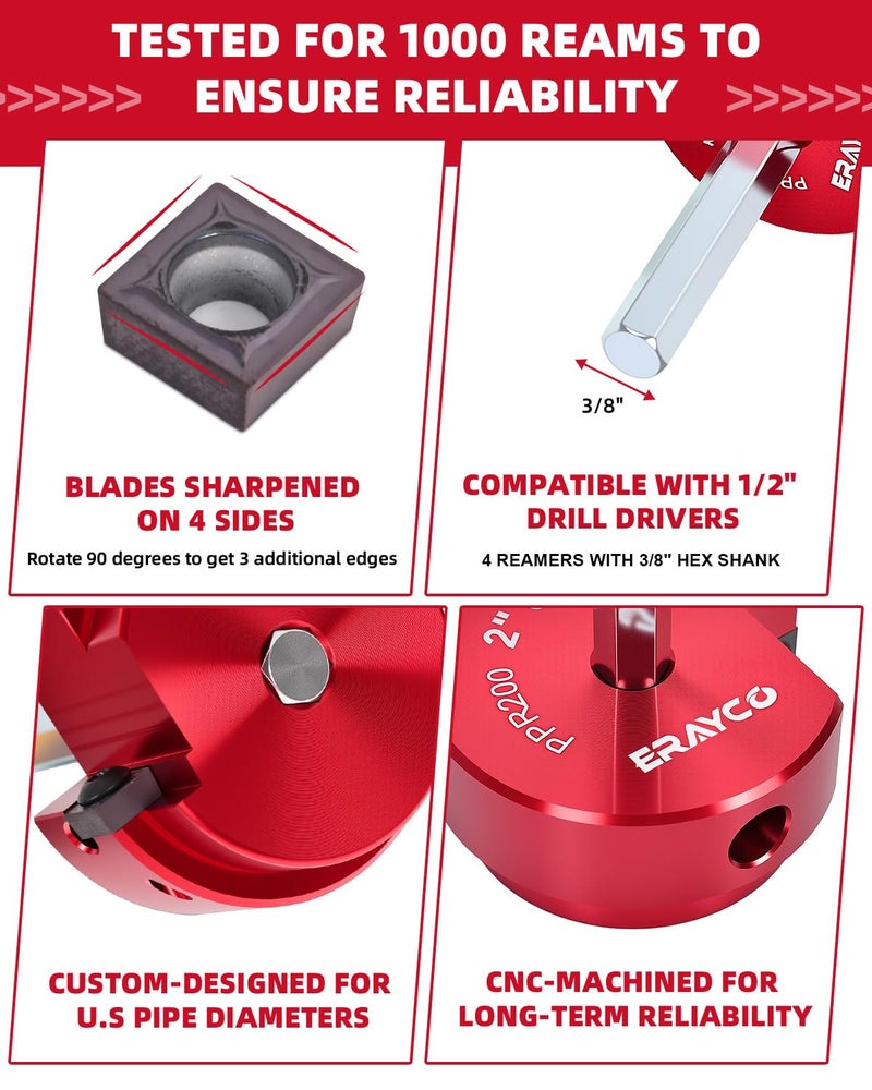 ERAYCO 4-Piece PVC Pipe Reamer Kit, Plastic Pipe Fitting Reamer Tool, Fit into Standard 1/2" Drills, PVC Fitting Saver for SCH40 PVC CPVC ABS Pipe (1-1/2'', 2'', 3'', 4'') - Image 3