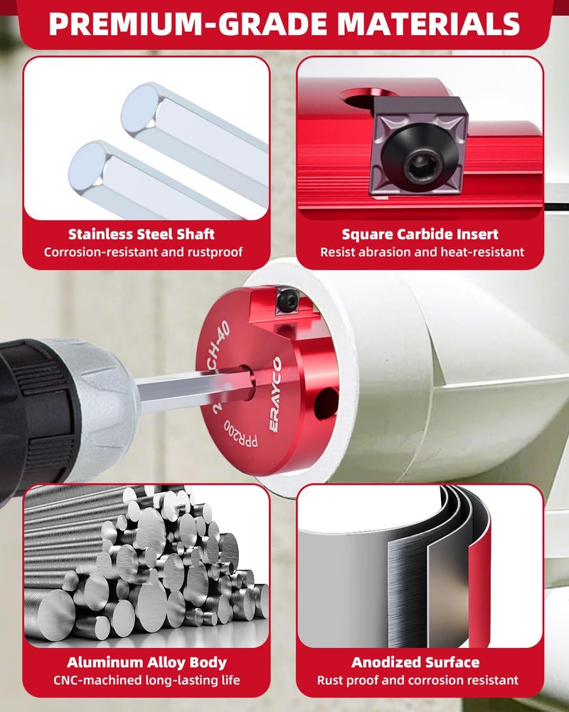 ERAYCO 4-Piece PVC Pipe Reamer Kit, Plastic Pipe Fitting Reamer Tool, Fit into Standard 1/2" Drills, PVC Fitting Saver for SCH40 PVC CPVC ABS Pipe (1-1/2'', 2'', 3'', 4'') - Image 5