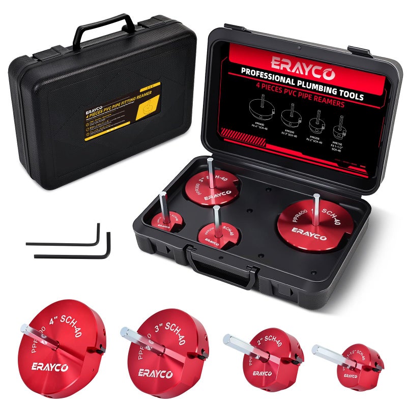 ERAYCO 4-Piece PVC Pipe Reamer Kit, Plastic Pipe Fitting Reamer Tool, Fit into Standard 1/2" Drills, PVC Fitting Saver for SCH40 PVC CPVC ABS Pipe (1-1/2'', 2'', 3'', 4'') - Image 1