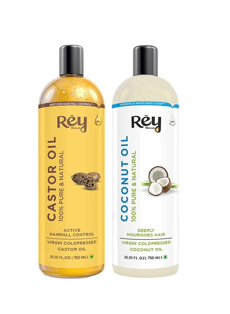 Rey Naturals Cold Pressed 100% Pure Castor OiL Coconut Oil Combo Moisturizing Healing 750ML Pack of 2 - Image 1