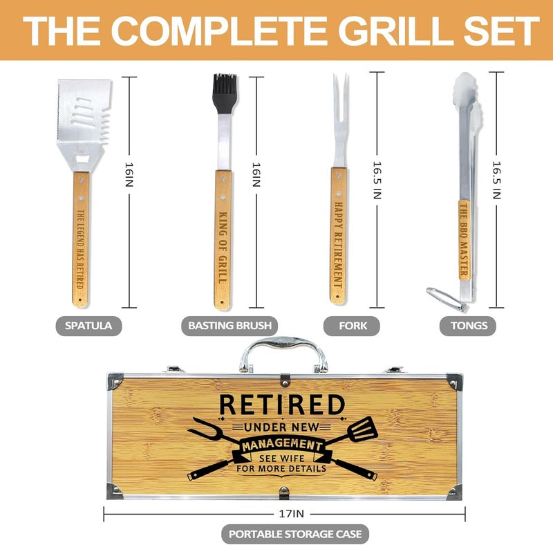 Taesun Retirement Gifts for Men, Retired Gift for Dad, Grandpa, Coworker, Retirees Heavy Duty Wooden BBQ Grill Accessories Kit, Thick Stainless Steel Grill Utensil with Non-Slip Handle Tools in Portable Box - Image 3