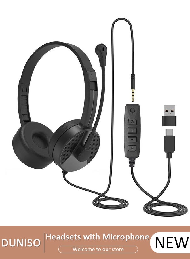 DUNISO Lightweight Type C USB Headset with Mic,Call Center Wired Over Ear Headphone,3.5mm Plug Noise Cancelling Microphone , Ear Mask Filler with High Quality Sponge , Comfortable Wearing Design for PC,Study,Office - Image 1