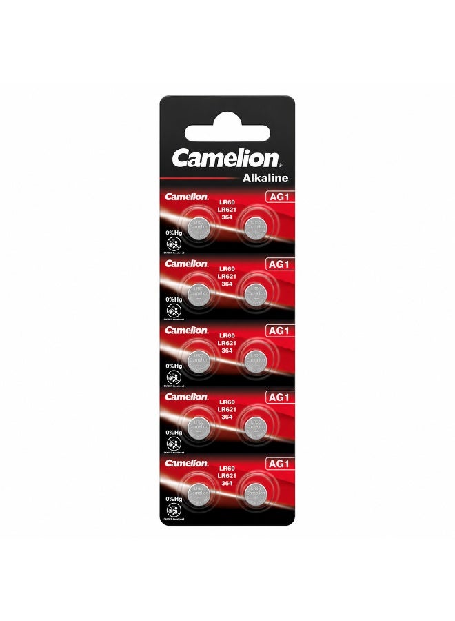 Camelion AG1 LR621 Button Cell Batteries 10 Pack, 1.5V Alkaline Coin Battery for Watches, Calculators, Toys & Small Electronics - Image 1