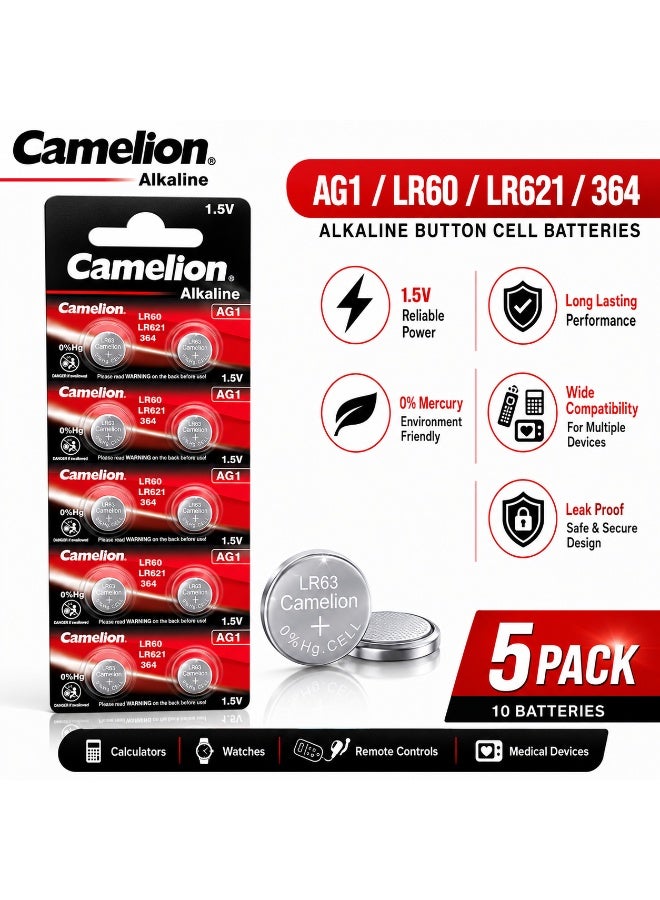 Camelion AG1 LR621 Button Cell Batteries 10 Pack, 1.5V Alkaline Coin Battery for Watches, Calculators, Toys & Small Electronics - Image 3