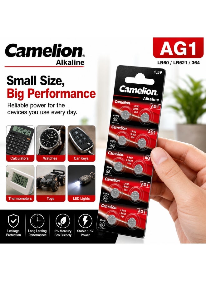Camelion AG1 LR621 Button Cell Batteries 10 Pack, 1.5V Alkaline Coin Battery for Watches, Calculators, Toys & Small Electronics - Image 5