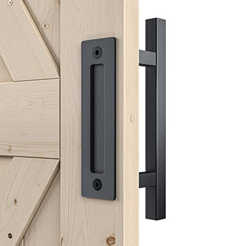 SMARTSTANDARD Heavy Duty 12" Pull and Flush Barn Door Handle Set, Large Rustic Two-Side Design, for Gates Garages Sheds Furniture, Solid Steel, Square, Black - Image 1