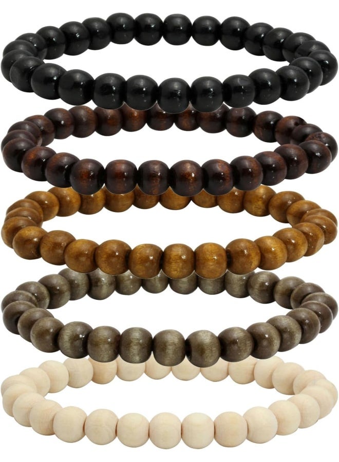MILAKOO 5 Pcs Wooden Beaded Bracelet Bangle for Men and Women Elastic 8MM Beads - Image 1