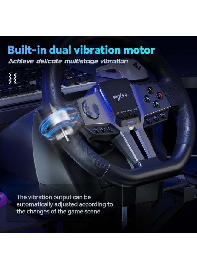 بي اكس ان V9 Gen2 270° / 900° Racing Steering Wheel Bundle with 3-Pedals & 6+R Shifter – Dual Motor Vibration, Hall Effect Pedals, RGB Lights – Multi-Platform for PC, Xbox Series X/S, PS4, PS3, Switch – Magnetic Encoder & Adjustable Clamps - Image 4
