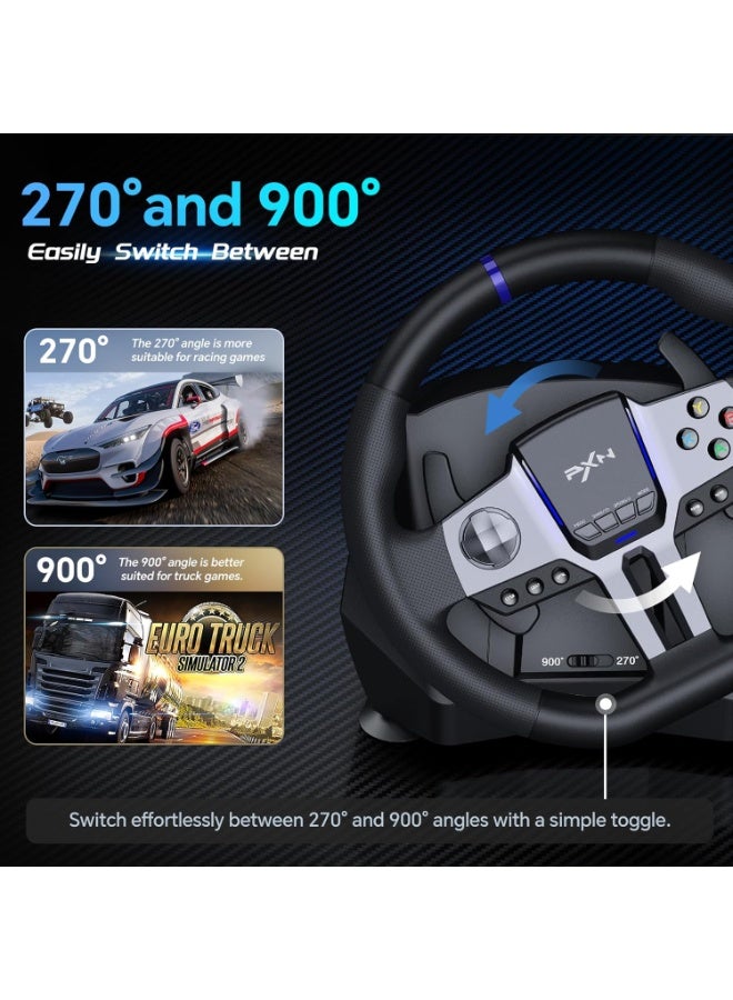 بي اكس ان V9 Gen2 270° / 900° Racing Steering Wheel Bundle with 3-Pedals & 6+R Shifter – Dual Motor Vibration, Hall Effect Pedals, RGB Lights – Multi-Platform for PC, Xbox Series X/S, PS4, PS3, Switch – Magnetic Encoder & Adjustable Clamps - Image 5