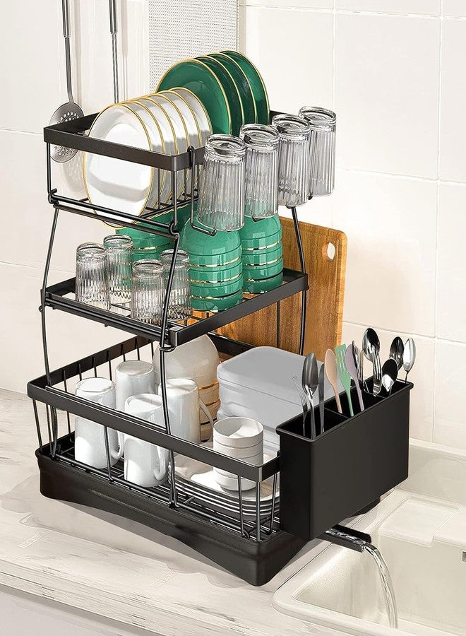 Abhsant Large Dish Drying Rack, 3-Tier Dish Racks for Kitchen Counter, Detachable Dish Drainers with Utensil Holder, Kitchen Gadgets with Drainboard & Cup Holders, Black - Image 1