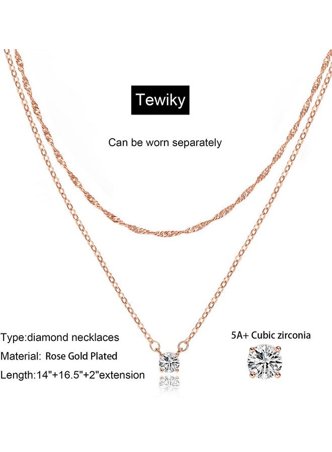 Tewiky Rose Gold Necklace, 14k Rose Gold Plated Layered Diamond Necklaces, Chain Choker Necklaces for Women CZ Solitaire Simple Rose Gold Jewelry for Womens - Image 3