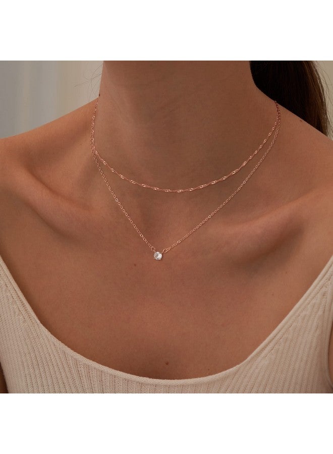 Tewiky Rose Gold Necklace, 14k Rose Gold Plated Layered Diamond Necklaces, Chain Choker Necklaces for Women CZ Solitaire Simple Rose Gold Jewelry for Womens - Image 4