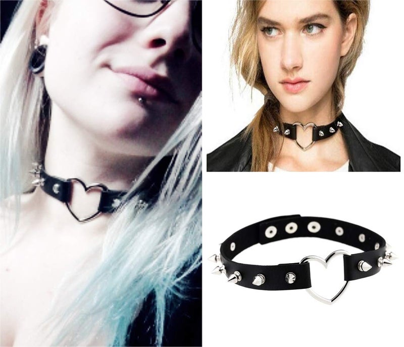 HRLORKC PU Leather Choker Goth Punk O-Ring Spike Rivets and Love Heart Choker Collar Necklace Adjustable (K5) - Image 4