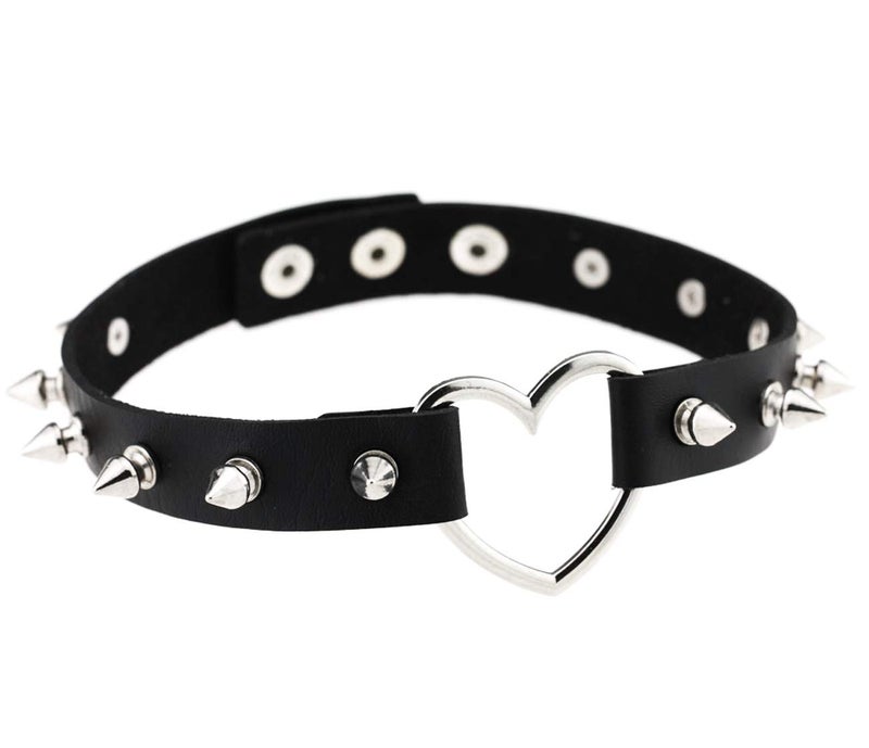 HRLORKC PU Leather Choker Goth Punk O-Ring Spike Rivets and Love Heart Choker Collar Necklace Adjustable (K5) - Image 5
