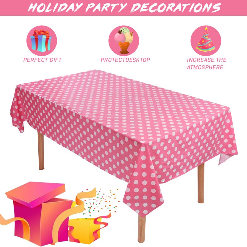 Kesfey 5 Packs Pink Polka Dot Tablecloth 54 x 108 Inch Minnie Mouse Table Cloths Pink and White Balloon Dots Minnie Theme Table Cover Disposable Plastic Rectangle Picnic Tablecovers for Birthday Party - Image 1
