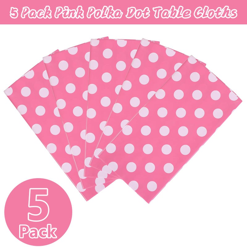 Kesfey 5 Packs Pink Polka Dot Tablecloth 54 x 108 Inch Minnie Mouse Table Cloths Pink and White Balloon Dots Minnie Theme Table Cover Disposable Plastic Rectangle Picnic Tablecovers for Birthday Party - Image 2