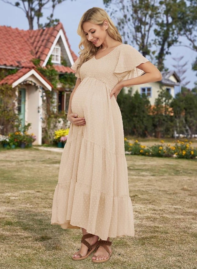 guruixu Swiss Dot Smocked Maternity Dress for Baby Shower Photoshoot Casual V Neck Ruffle Sleeve Empire Waist Tiered Boho Dress, Pale Peach, M - Image 3