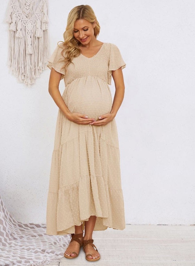 guruixu Swiss Dot Smocked Maternity Dress for Baby Shower Photoshoot Casual V Neck Ruffle Sleeve Empire Waist Tiered Boho Dress, Pale Peach, M - Image 4