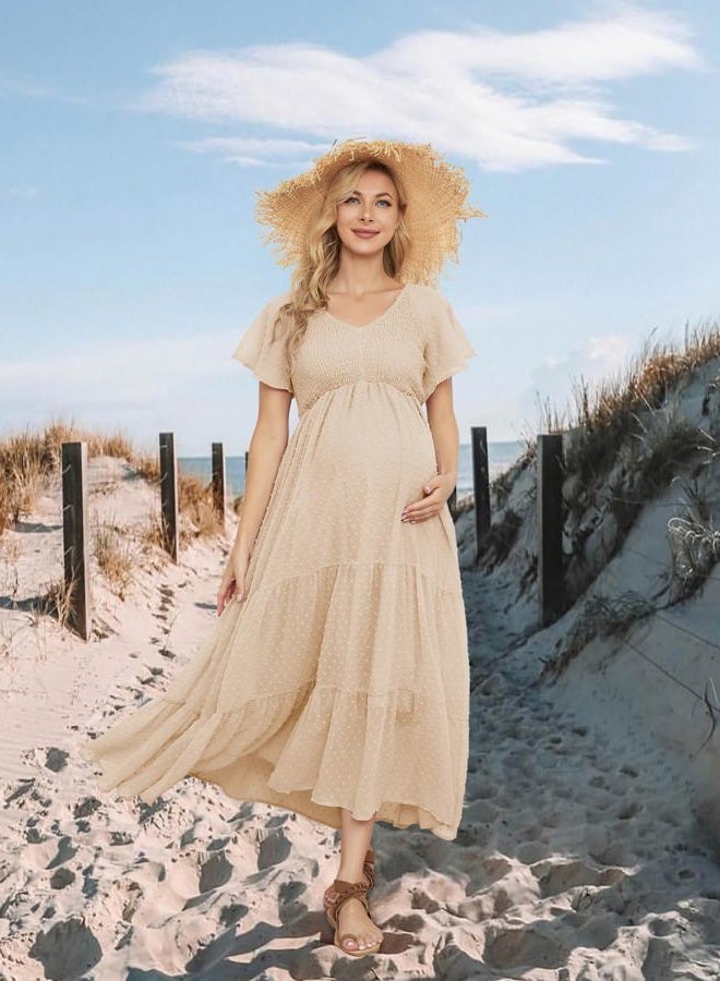 guruixu Swiss Dot Smocked Maternity Dress for Baby Shower Photoshoot Casual V Neck Ruffle Sleeve Empire Waist Tiered Boho Dress, Pale Peach, M - Image 5
