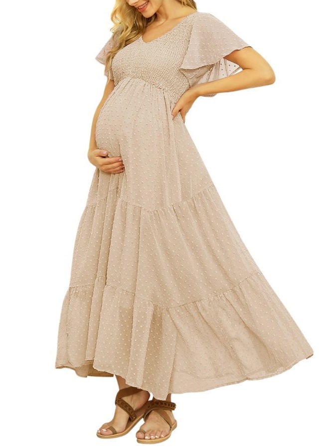 guruixu Swiss Dot Smocked Maternity Dress for Baby Shower Photoshoot Casual V Neck Ruffle Sleeve Empire Waist Tiered Boho Dress, Pale Peach, M - Image 1