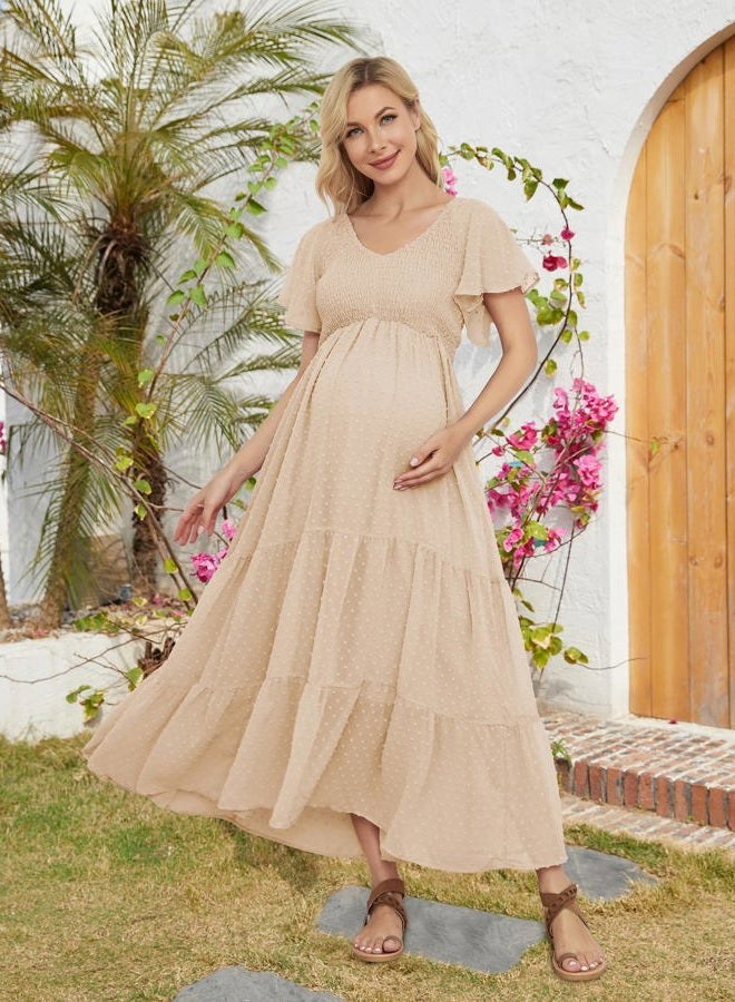 guruixu Swiss Dot Smocked Maternity Dress for Baby Shower Photoshoot Casual V Neck Ruffle Sleeve Empire Waist Tiered Boho Dress, Pale Peach, M - Image 2