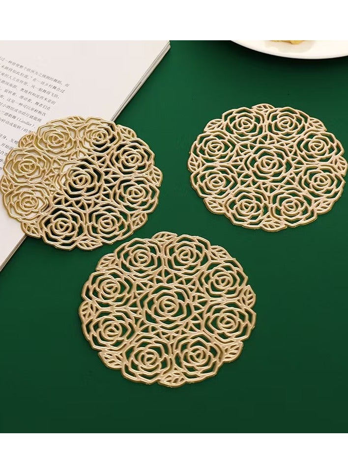 Elegant Cut-Out Rose Gold Coasters - Heat Resistant PVC  (6PCs) Premium Rose Golden Floral Coaster Set - 3D Embossed Rose Design for Home/Gifts (Gold) - Image 4
