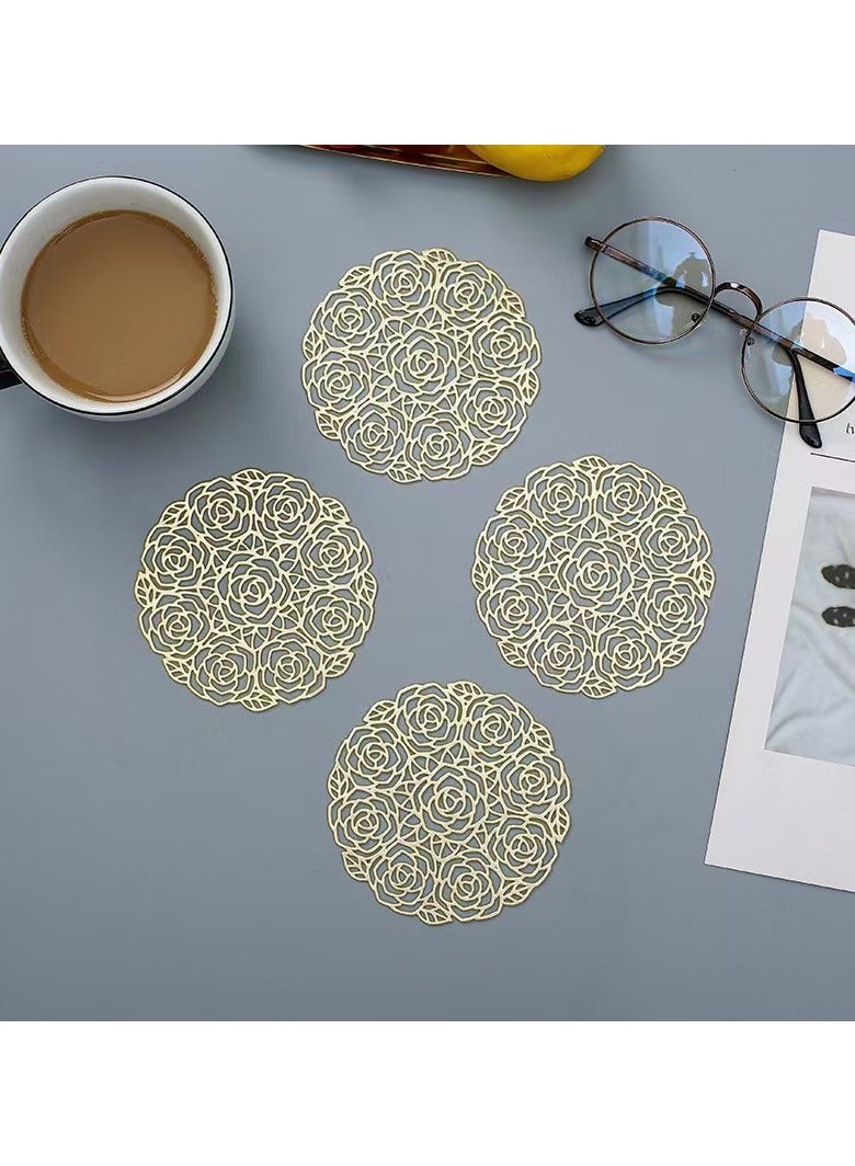 Elegant Cut-Out Rose Gold Coasters - Heat Resistant PVC  (6PCs) Premium Rose Golden Floral Coaster Set - 3D Embossed Rose Design for Home/Gifts (Gold) - Image 3