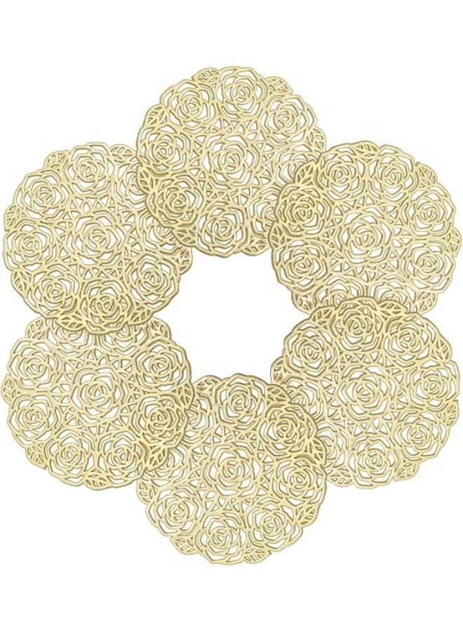 Elegant Cut-Out Rose Gold Coasters - Heat Resistant PVC  (6PCs) Premium Rose Golden Floral Coaster Set - 3D Embossed Rose Design for Home/Gifts (Gold) - Image 1