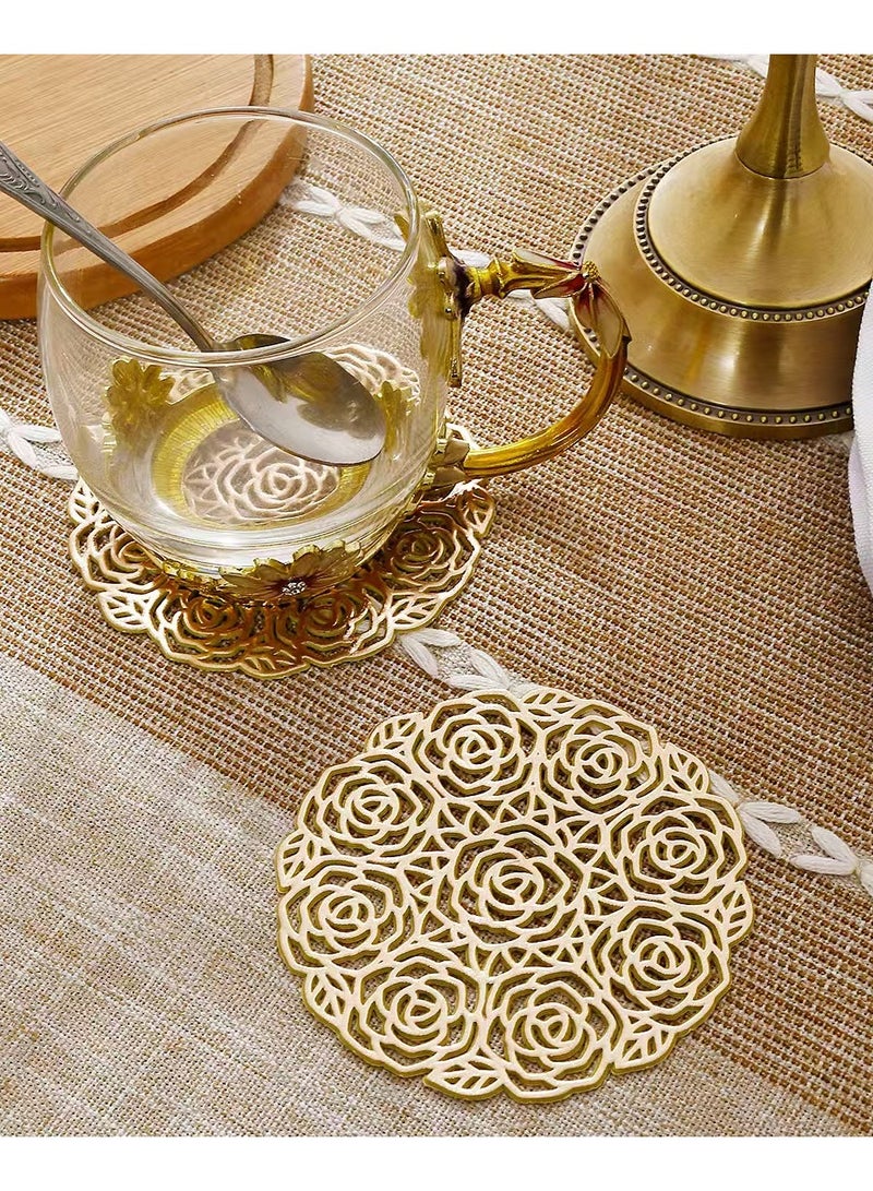 Elegant Cut-Out Rose Gold Coasters - Heat Resistant PVC  (6PCs) Premium Rose Golden Floral Coaster Set - 3D Embossed Rose Design for Home/Gifts (Gold) - Image 2