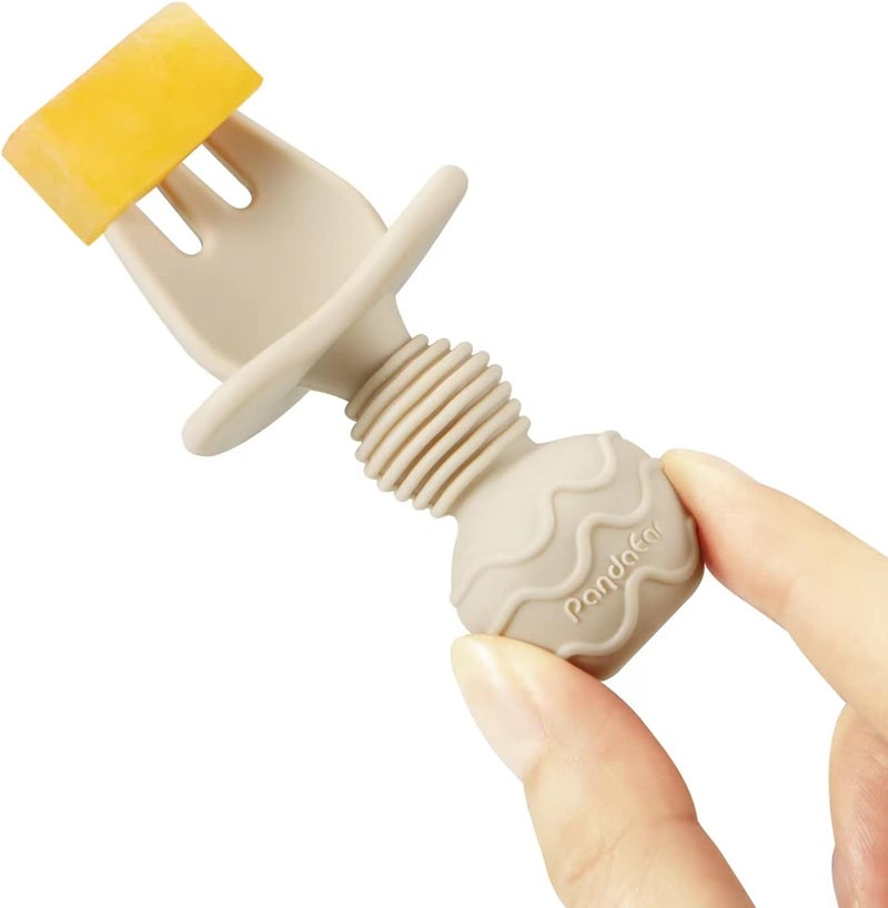 PandaEar 6 Pack Silicone Baby Spoons and Fork Feeding Set AntiChoke First Self Feeding Utensils for Baby Led Weaning Ages 3 Months TanWalnutGrey - Image 3