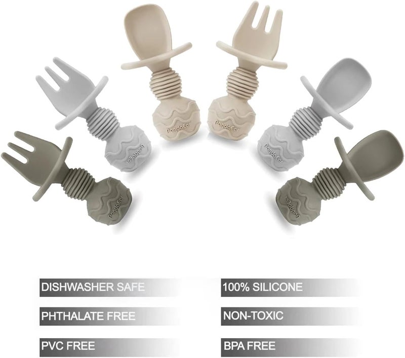 PandaEar 6 Pack Silicone Baby Spoons and Fork Feeding Set AntiChoke First Self Feeding Utensils for Baby Led Weaning Ages 3 Months TanWalnutGrey - Image 5