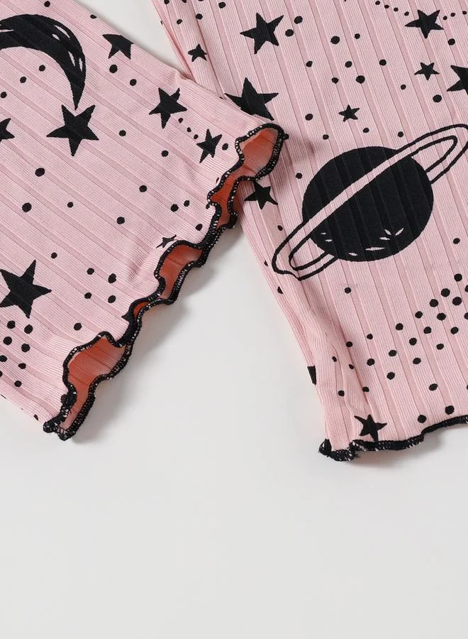 Take Two Graphic Print Round Neck Top with Long Pyjama Set