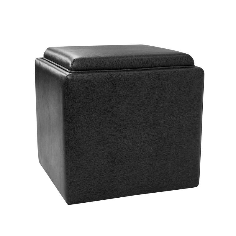 HomePop Home Decor Storage Ottoman with Tray Top|Upholstered Modern Square Storage Ottoman with Storage for Living Room & Bedroom, Black Faux Leather - Image 1