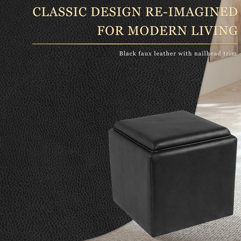 HomePop Home Decor Storage Ottoman with Tray Top|Upholstered Modern Square Storage Ottoman with Storage for Living Room & Bedroom, Black Faux Leather - Image 2