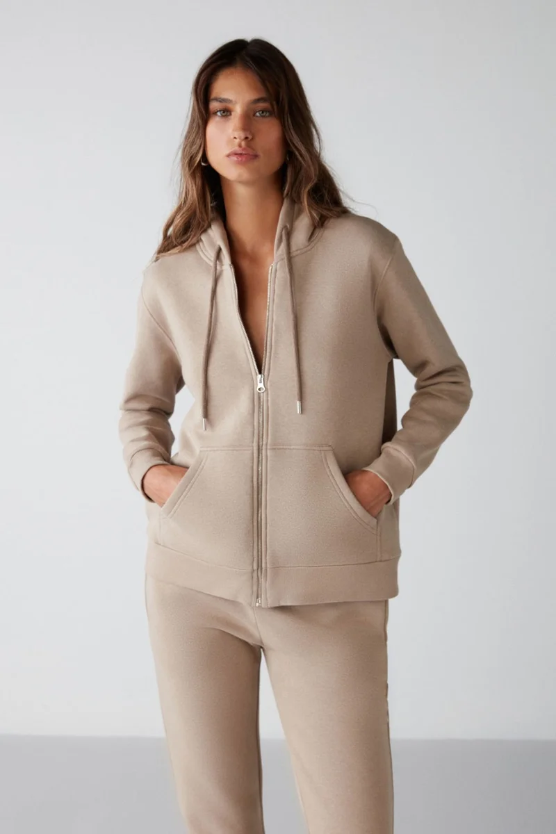 GRIMELANGE Carlota Women's Relaxed Pattern Hooded Zippered Mink Sweatshirt